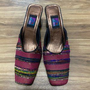 Vintage ART EFFECTS brocade Square Toe Slip On Mules Heels